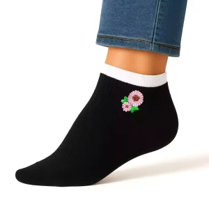 جوراب مچی مشکی گلدوزی گل صورتی